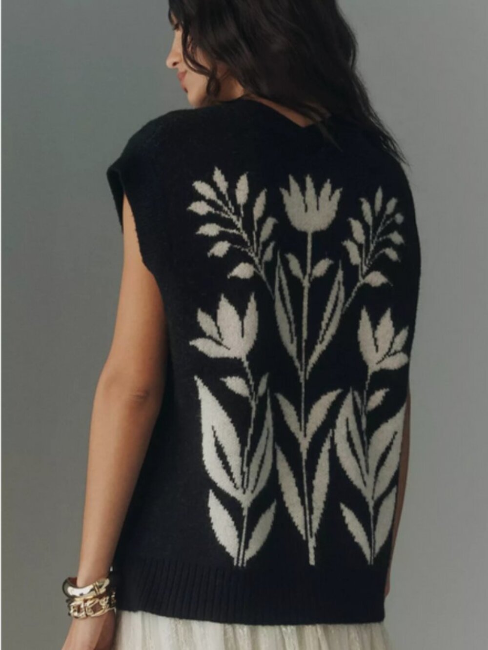 By Anthropologie Button-Front Sweater Vest Cardigan Black Floral Size L NWT - Picture 2 of 6
